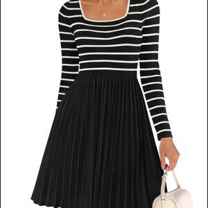 ZESICA Striped Bodice Dress Ribbed Sweater Knit Swing Pleated A Line Dress M BK
